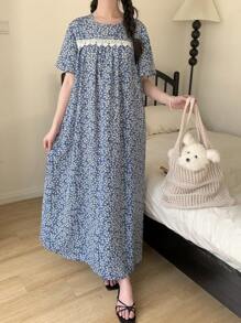 SHEIN 少女休闲日式风格碎花荷叶边袖圆领蕾丝边睡袍、家居服 - 淺藍色 - 查看 7