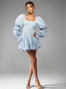 MISSGUIDED 挤奶女工泡泡袖迷你连衣裙，蕾丝边，方领荷叶边下摆，格纹溜冰裙，春夏婚礼宾客花园派对茶歇裙 - 藍白色 - 查看 5