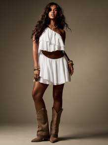 MISSGUIDED One Shoulder Ruffle Layered Summer Mini Dress Linen Feel Bohemian Festival Beach Pool Party Cut Out Midriff Resort Wear - White - View 1