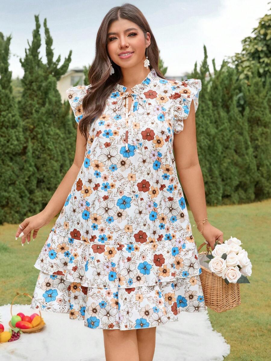 SHEIN LUNE 大码时尚新款印花飞袖蝴蝶结荷叶边下摆休闲风格度假连衣裙春装夏季女装太阳裙女士夏季服装圣帕特里克节狂欢服装节日春假服装圣帕特里克波西米亚风 - 彩色 - 查看 1