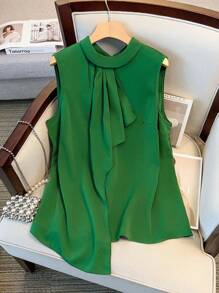 GlowEve CURVE Áo sơ mi nữ cổ đứng hở lưng buộc sau lưng xẻ tà phía trước thanh lịch cỡ lớn - màu xanh lá - Xem 3