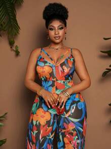 Maweii Plus Size Women Sexy Deep V-Neck High Slit Botanical Print Jumpsuit - Multicolor - View 4