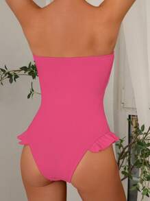Swim Mod Women's Ruffled Simple One Piece Swimsuit For Summer Vacation, Elegant & Sexy - Hot Pink - View 2