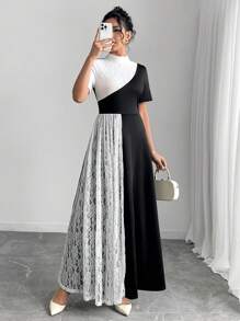 Modelyn Vestido elegante de mujer con panel de encaje y bloques de color - Blanco y Negro - Ver 3