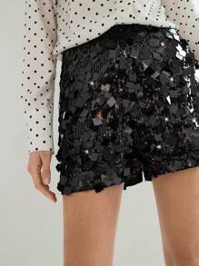 Maija 女士黑色亮片侧拉链短裤，宽松高腰优雅时尚夏季适合节日派对、音乐节