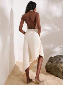 Opulessa Vestido de mujer con unicolor, tejido, espalda descubierta, cuello halter y bajo asimétrico - Champán - Ver 5
