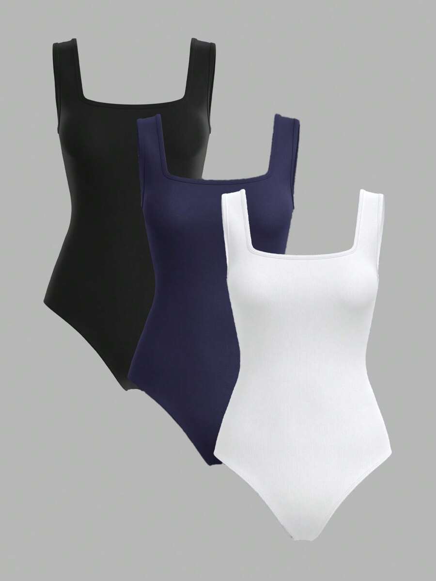 SHEIN BASICS 3 件套休闲纯色针织露肩女式紧身衣 - 藏蓝色 - 查看 1