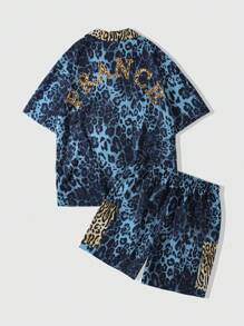 ROMWE MEN Street Life Men's Grunge Casual Leopard Print Short Sleeve Shirt & Shorts Set - Blue - View 5