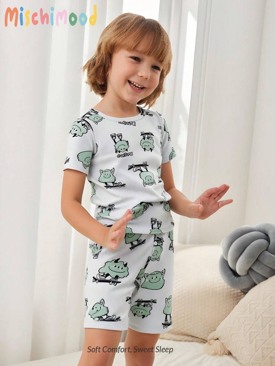 2 pièces/Set Short et t-shirt à manches courtes ajustés décontractés pour la maison, motif d'animaux de dessin animé, vert citron, pour tout-petits garçons - Vert - Voir 1