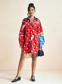 SHAQUITA GARCIA Red Polka Dot Print Oversized Dropped Shoulder Loose Shirt Dress With Pockets Summer Vacation Shirt Women's Business Casual Loose Shirt, Office - Multicolor - View 7