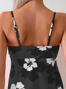 Swim Lushoire Women Floral Print Casual Spaghetti Strap Bralette Tankini Swimwear Set - Random Print