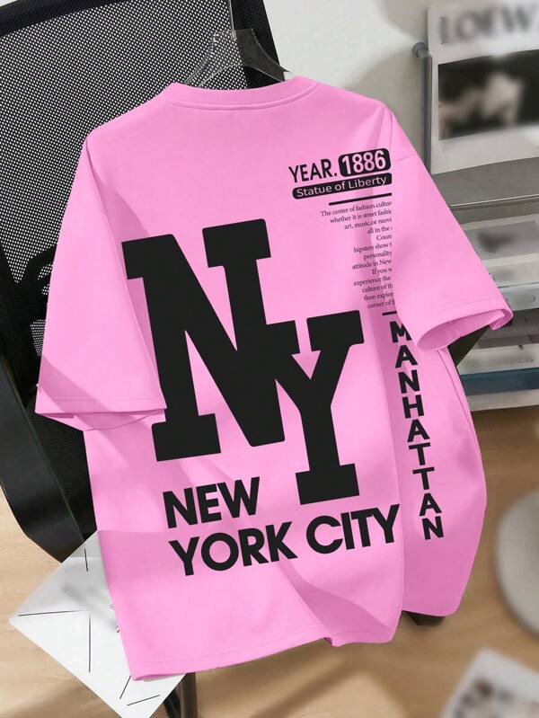 Comfortcana Oversize NY New York English Graphic Casual Round Neck Short Sleeve Loose T-Shirt For Women, Suitable For Summer Back To School