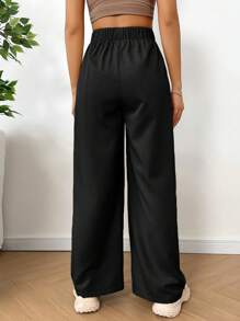 SHEIN EZwear Plus Size Women Solid Color Elastic Waist Pocket Loose Casual Pants