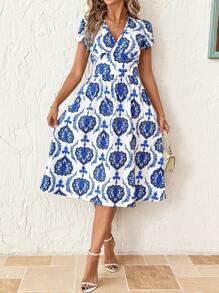 SHEIN Clasi Women Blue & White Floral Mid-Length Dress With Pockets, Elegant Resort Wear, Spring/Summer