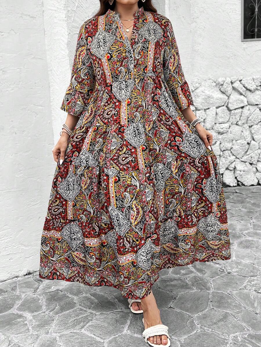 SHEIN LUNE 女士加大码佩斯利印花深切领连衣裙新年女士服装 - 紅色 - 查看 1