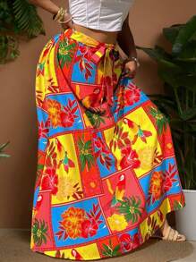 Sunnyshic Plus Size Holiday Plants & Floral Pattern Casual Skirt, Fashionable Daily Wear