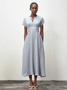 Lumivelle Women's V-Neck Batwing Sleeve Solid Color Waisted Knee-Length Dress - Grey - View 4