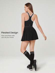 GLOWMODE FeatherFit™-Air 速干网球内置罩杯褶皱露肩弹力腰带连衣裙内置短裤侧袋低冲击跑步训练健身健身房