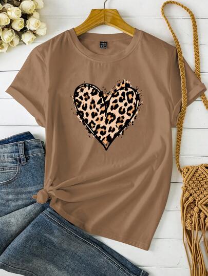 INAWLY Camiseta de cuello redondo de manga corta con estampado de leopardo en forma de corazón, top versátil para mujer para primavera y verano