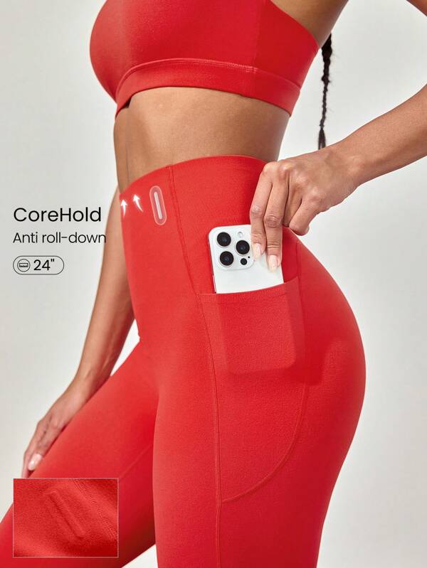 GLOWMODE 24'' CoreHold FeatherFit™-Sculpt CoreHold No Slip Fit Boning Tummy Control No Front Seam Leggings With Side Pockets Medium Impact Workout Jogging Gym Training