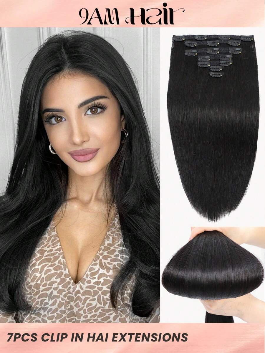 7 piezas Extensiones de cabello humano real color negro natural con clip, extensiones de cabello humano con doble trama con clips - Natural Black - Ver 1