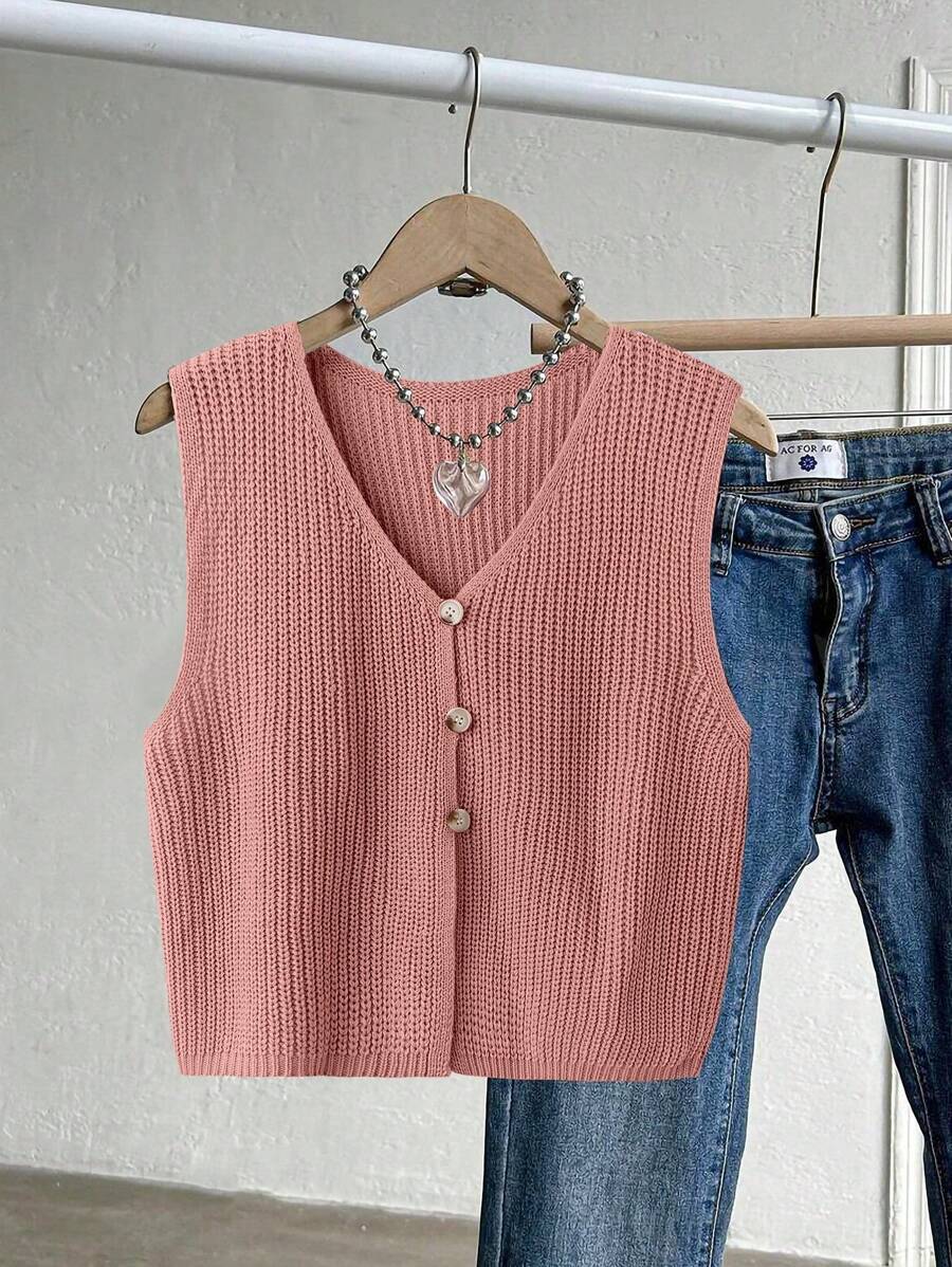 Franclia Áo len dệt kim cổ chữ V đơn hàng thường ngày cỡ lớn cho nữ - Hồng - Xem 1