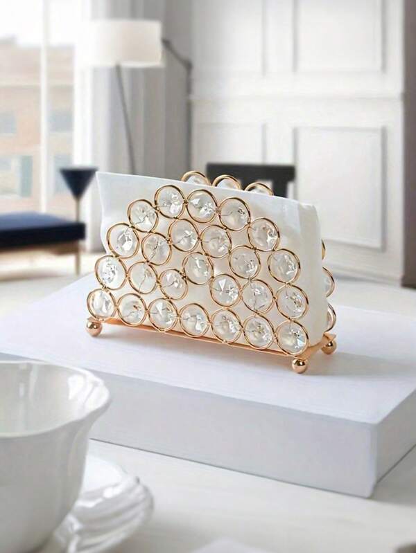SHEIN Nordic Style Crystal Tissue Box Holder, Elliptical Stand Metal Tissue Paper Rack For Restaurants, Hotels, And Clubs, Golden Bathroom Decor Summer