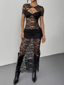 SHEIN Essnce Damen Spitzen Ausschnitt Körperbetontes Transparentes Kleid, sexy ärmellos