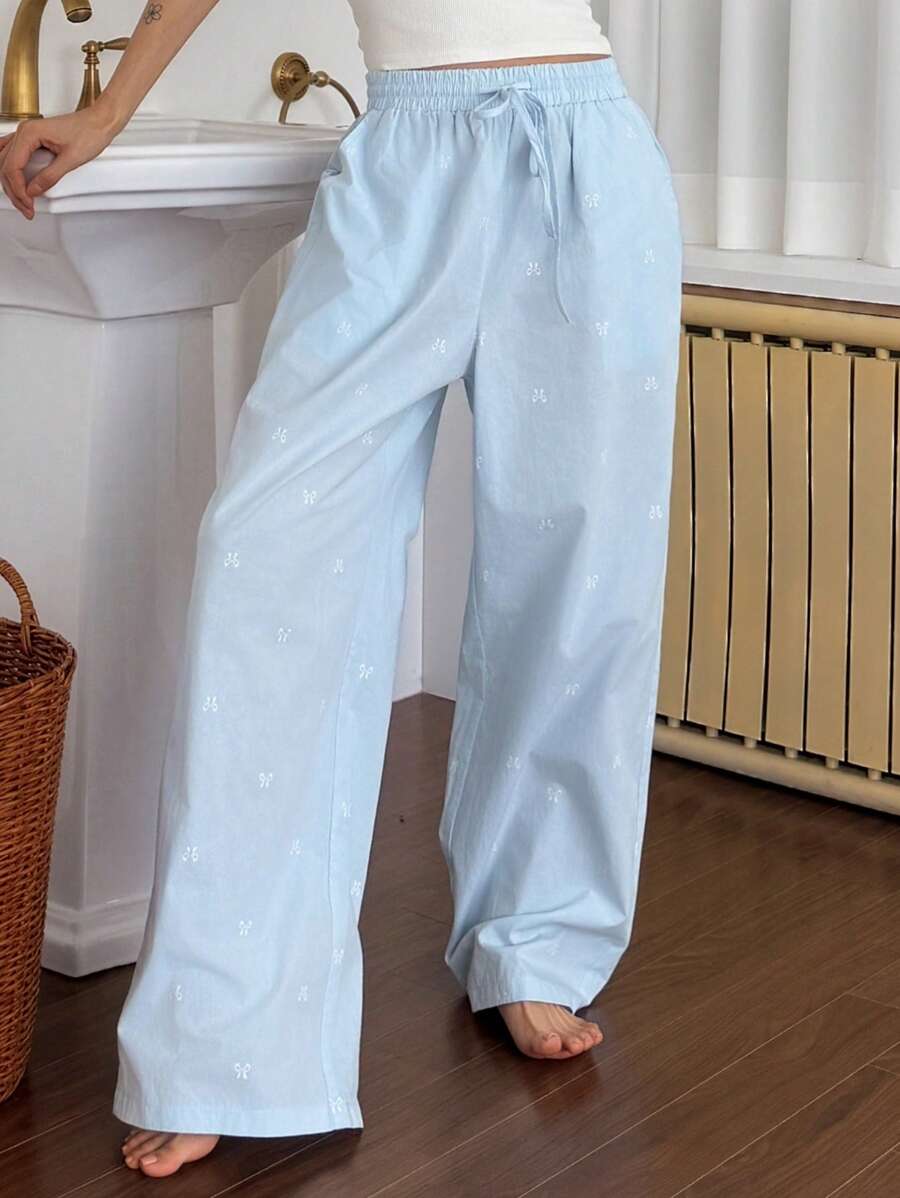 DAZY 可爱蝴蝶结图案全身印花宽松睡裤，秋季 - 淺藍色 - 查看 1