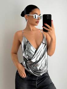 SHEIN ICON Áo hai dây đính đá Rhinestone xếp nếp kim loại gợi cảm cho câu lạc bộ mùa hè dành cho nữ, đơn giản và thời trang, phù hợp cho mùa hè - Bạc - Xem 4