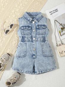 SHEIN Playful Pals Baby Girls' Cute Casual Denim Sleeveless Snap Front Romper - Light Wash - View 1