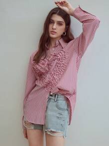 MOTF STUDIO WOMEN'S COTTON STRIPED PRINT FRILL SHIRT - Red and White - View 4