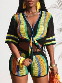 Slaydiva Casual Vacation V-Neck Short Sleeve Top And Shorts Striped Colorblock Knit Set - Z - Black - View 4