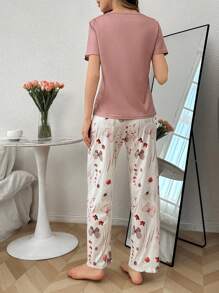 Conjunto de pijama de cuello redondo de manga corta con estampado de mariposas y flores para mujeres - Multicolor - Ver 2