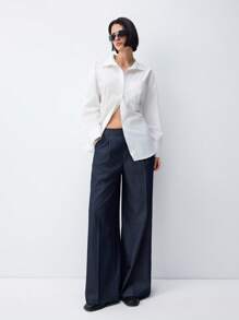 LYSMO 2025 New Arrivel Summer Side-Striped Denim Effect Straight-Leg Wide Pants - Navy Blue - View 9