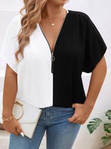 大码女式拉链拼色休闲蝙蝠袖短袖衬衫 - 黑與白 - 查看 3