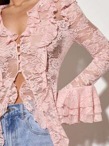 AiiRZ Delicate Lace Long Sleeve Ruffle Blouse Party Evening Wedding Guest Fashion Front Tie Crop Top Spring Summer Festival