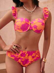 Swim Oasis 3pcs/Set Bikini Wanita Motif Bunga Pink dan Oranye dengan Tali Ruffle dan Rok Maxi Jala, Cocok untuk Liburan Pantai Kasual Musim Panas - MultiWarna - View 8