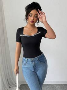 Chiquease Women's Square Neck Rhinestone Decorated Elastic Knit T-Shirt, Spring/Summer