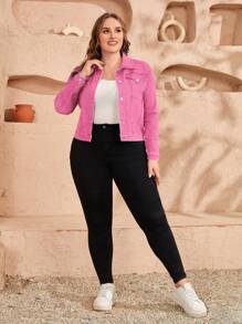 EMERY ROSE Plus Size Women's Casual Denim Jacket With Single-Breasted, Spring - Pink - View 4