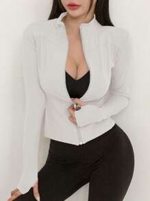 DAZY Women Solid Color Elastic Mock Neck Fitted Long Sleeve Jacket, Sportswear & Casual, Spring/Autumn - White - View 4