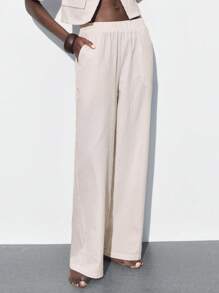 Maija Women's Khaki & White Striped V-Neck Spring/Summer Casual Loose Fitting V-Neck Raglan Sleeve Buttoned Blouse And High Waist Elastic Waist Pocket Palazzo Pants Beach/Business/Casual/Workout 2 Pieces Outfit, Versatile Timeless Classic - Multicolor - View 5