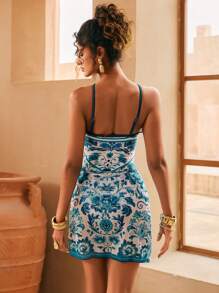 Swim Oasis 2 Pieces Swimwear Set - Women Printed Spaghetti Strap One-Piece Swimsuit & Tie Front Beach Skirt, Beach Resort Suit For Summer Beach Vacation