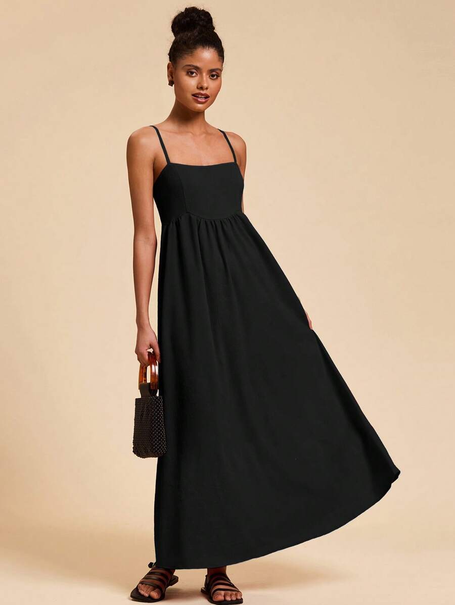 Travachic 女士优雅纯色长款吊带裙 - 黑色 - 查看 1