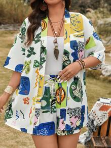 SHEIN LUNE Conjunto informal de 2 piezas con diseño abstracto: pantalones cortos de cintura elástica y Top holgada, conjunto veraniego vaquero talla grande para mujeres para graduación, primavera, verano, vacaciones, estilo bohemio, Pascua