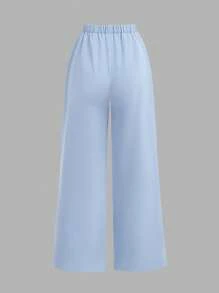 SHEIN Girlism Teen Girls Blue And White Waist Ruffled Short-Sleeved Shirt & Long Casual Wide-Leg Pants, Elegant Commuting Retro Elegant Versatile Suit, Suitable For Daily Wear