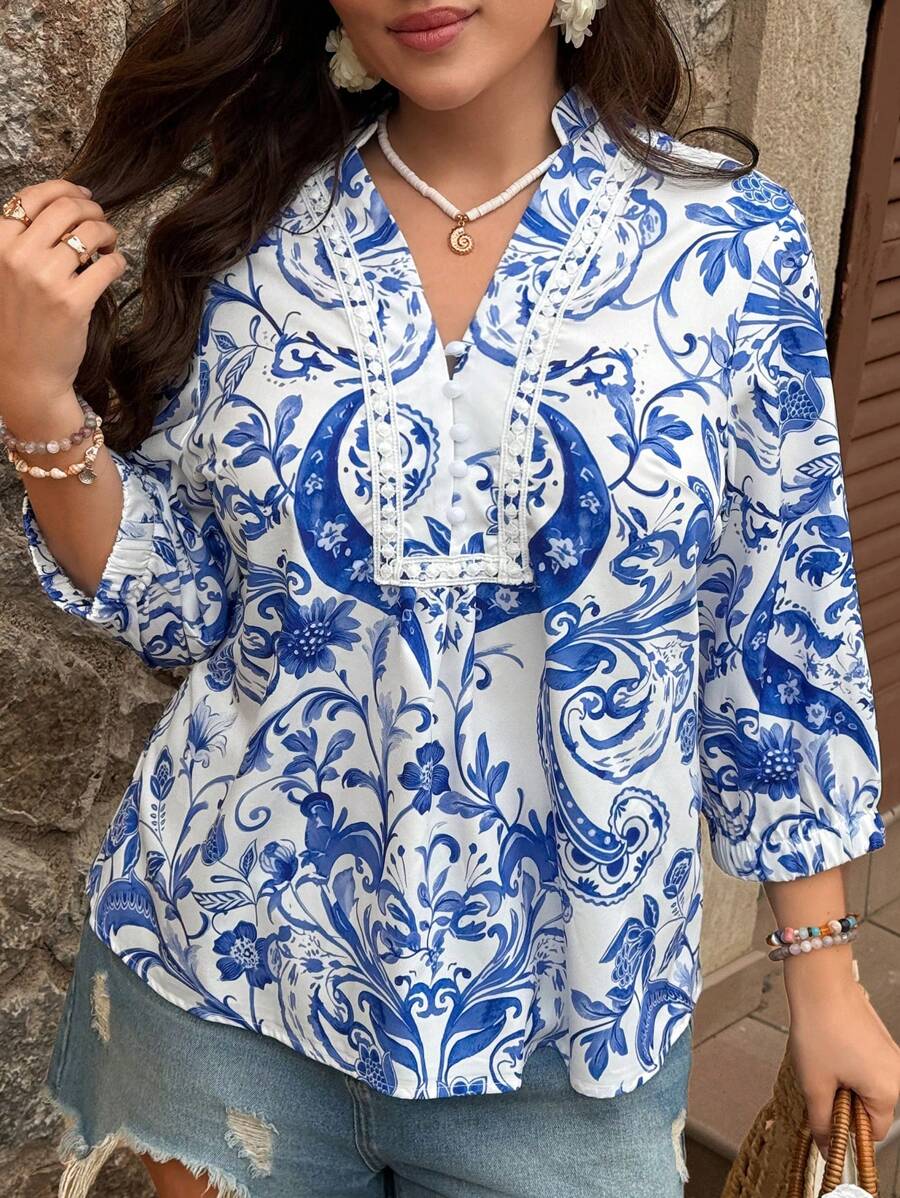 SHEIN VCAY Plus Size Women Floral Print Notched Neck Casual Blouse Santorini Greece Ibiza Summer For Women European Summer Western Wear Women Cute Summer Beach Boho Women Vacation Woman Resort Wear Women Hippie For Women Easter Women Rave Country Concert Nashville Ibiza Cute Shirts - Blue and White - View 1