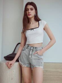 MOTF STUDIO Zerrissene Denim Shorts mit rohem Saum - Grau - Übersicht 5