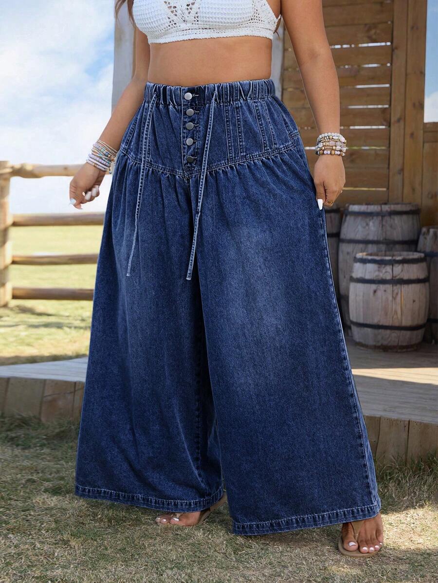 EMERY ROSE Plus Size Women Western Wear Wide Leg Jeans - Dark Wash - View 1