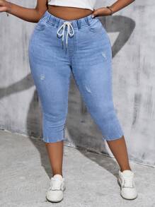 SHEIN EZwear 大码破洞紧身弹力七分牛仔裤，蓝色，夏季女士/夏季/可爱，复活节/复活节女士，狂欢/音乐会女士/乡村音乐会/狂欢/狂欢节/纳什维尔/伊比沙岛，优雅，度假女士/海滩度假，波西米亚风/波西米亚风女式；牛仔/牛仔牛仔裤 - 藍色 - 查看 4